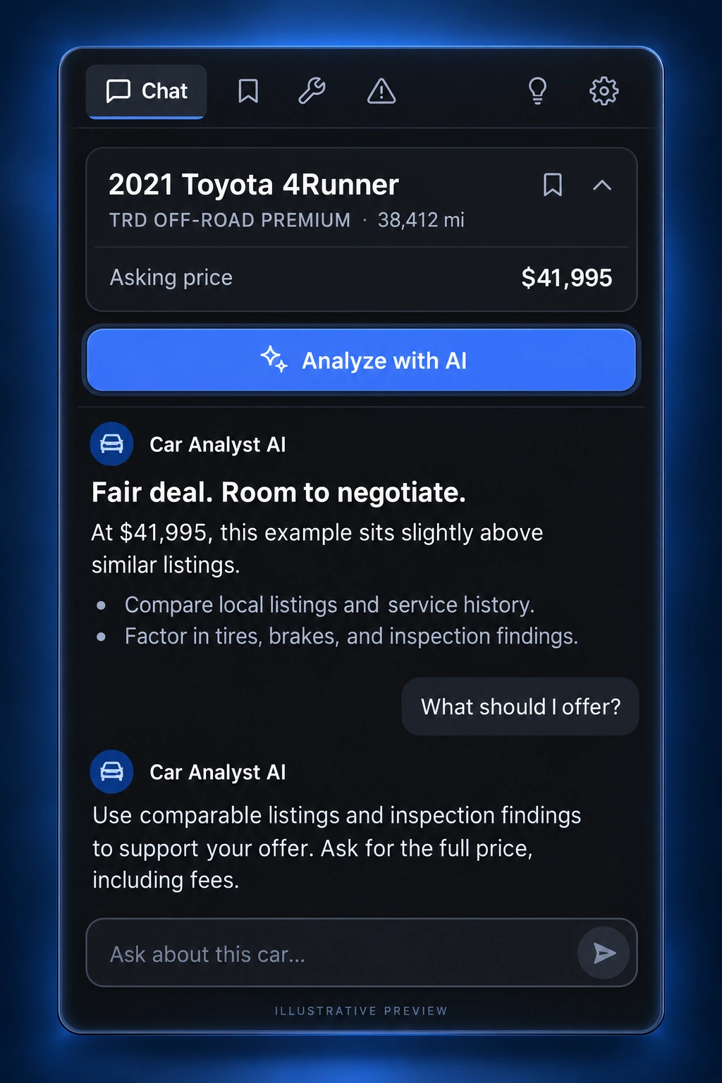 Stylized preview of the latest dark Car Analyst AI interface with vehicle analysis and a follow-up conversation